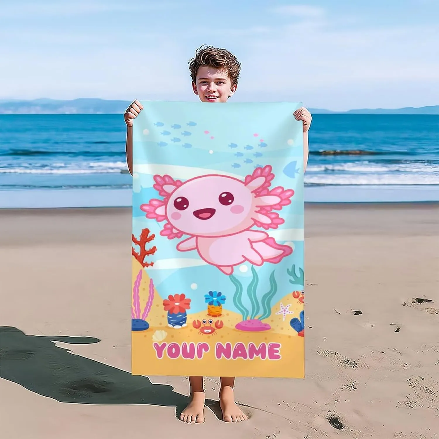 Personalized Axolotl Beach Towel - Lightweight Packable Cute Towels for Women - 40" x 70" Oversized Quick Dry Sandfree Microfiber Beach Essentials for Travel, Pools, Camping