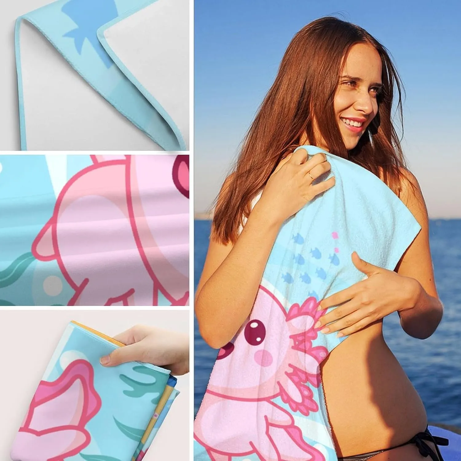 Personalized Axolotl Beach Towel - Lightweight Packable Cute Towels for Women - 40" x 70" Oversized Quick Dry Sandfree Microfiber Beach Essentials for Travel, Pools, Camping