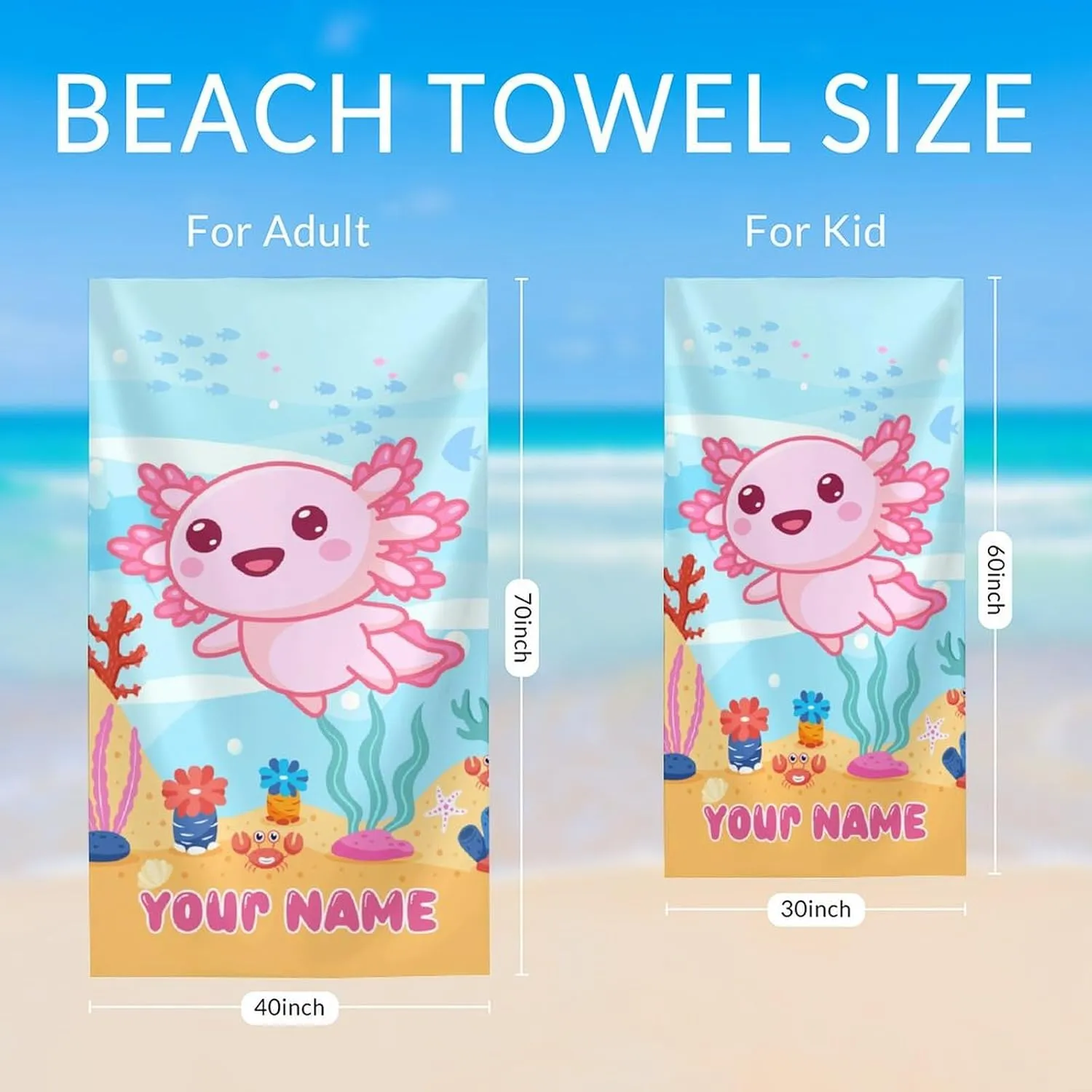 Personalized Axolotl Beach Towel - Lightweight Packable Cute Towels for Women - 40" x 70" Oversized Quick Dry Sandfree Microfiber Beach Essentials for Travel, Pools, Camping