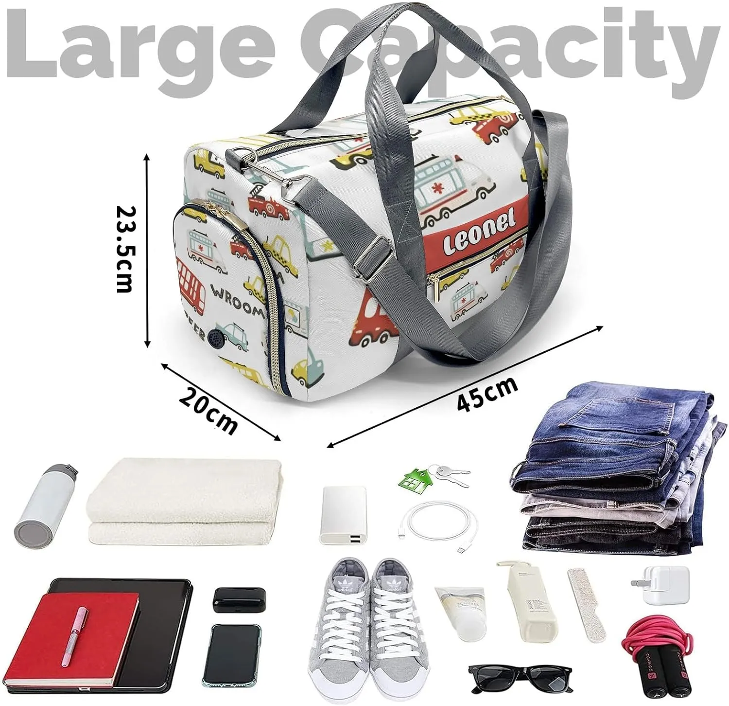 Personalized Gym Bag,Custom Name Beep Wroom Little Car Sport Duffel Bag Weekender Carry On Travel Duffel Bag