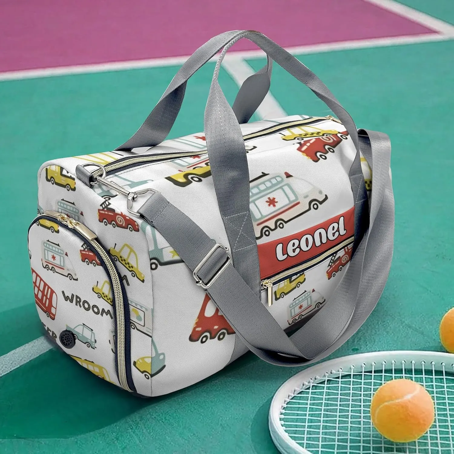Personalized Gym Bag,Custom Name Beep Wroom Little Car Sport Duffel Bag Weekender Carry On Travel Duffel Bag
