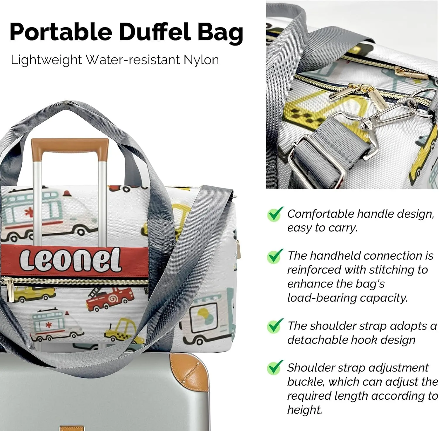 Personalized Gym Bag,Custom Name Beep Wroom Little Car Sport Duffel Bag Weekender Carry On Travel Duffel Bag