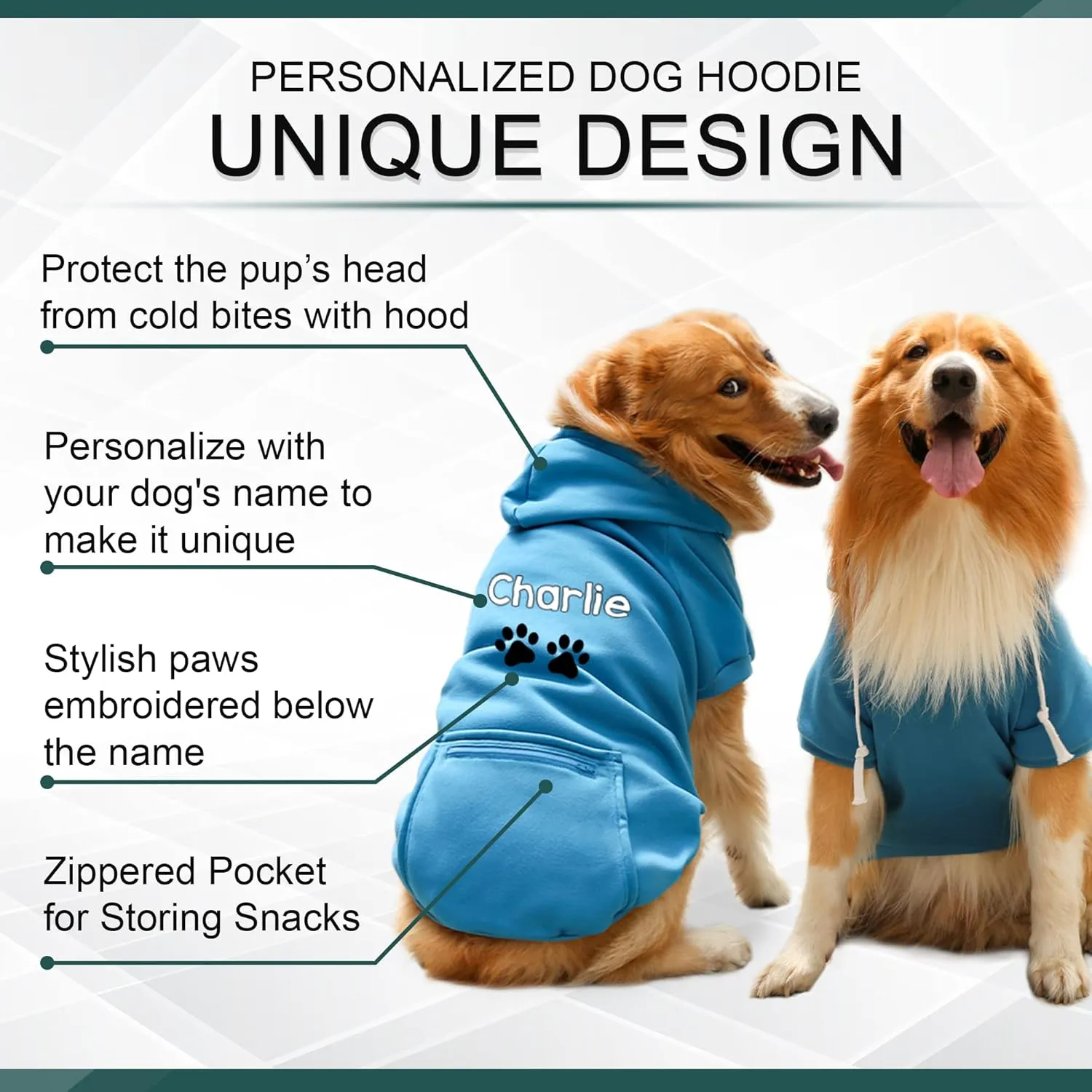 Personalized Passion Dog Hoodie with Embroidered Name and Paws - Stylish Custom Hooded Dog Sweatshirt - Blue Cotton Pet Hoodies Winter Pullover with Pockets - Small