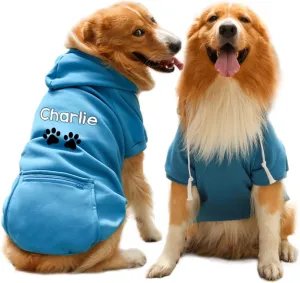 Personalized Passion Dog Hoodie with Embroidered Name and Paws - Stylish Custom Hooded Dog Sweatshirt - Blue Cotton Pet Hoodies Winter Pullover with Pockets - Small