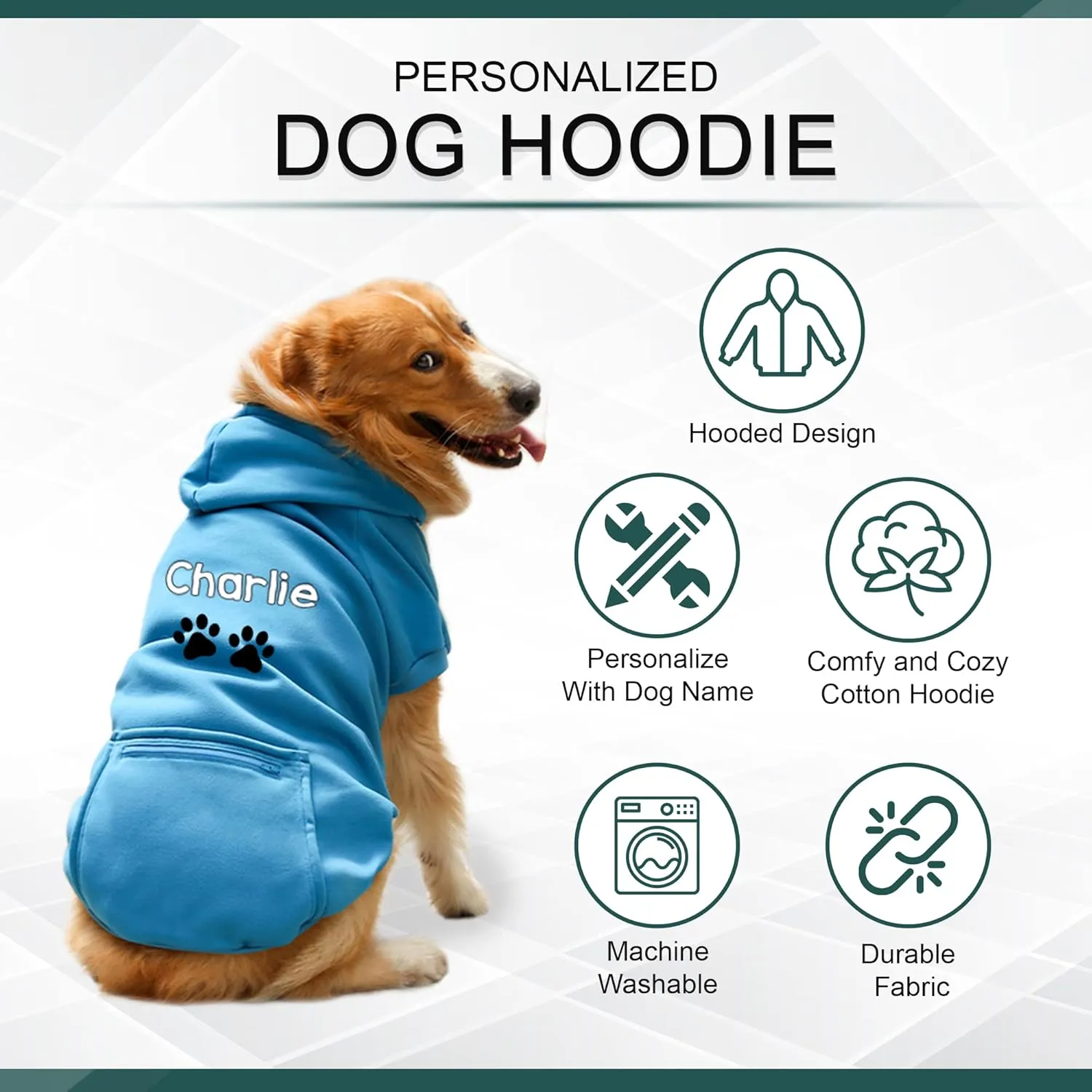 Personalized Passion Dog Hoodie with Embroidered Name and Paws - Stylish Custom Hooded Dog Sweatshirt - Blue Cotton Pet Hoodies Winter Pullover with Pockets - Small
