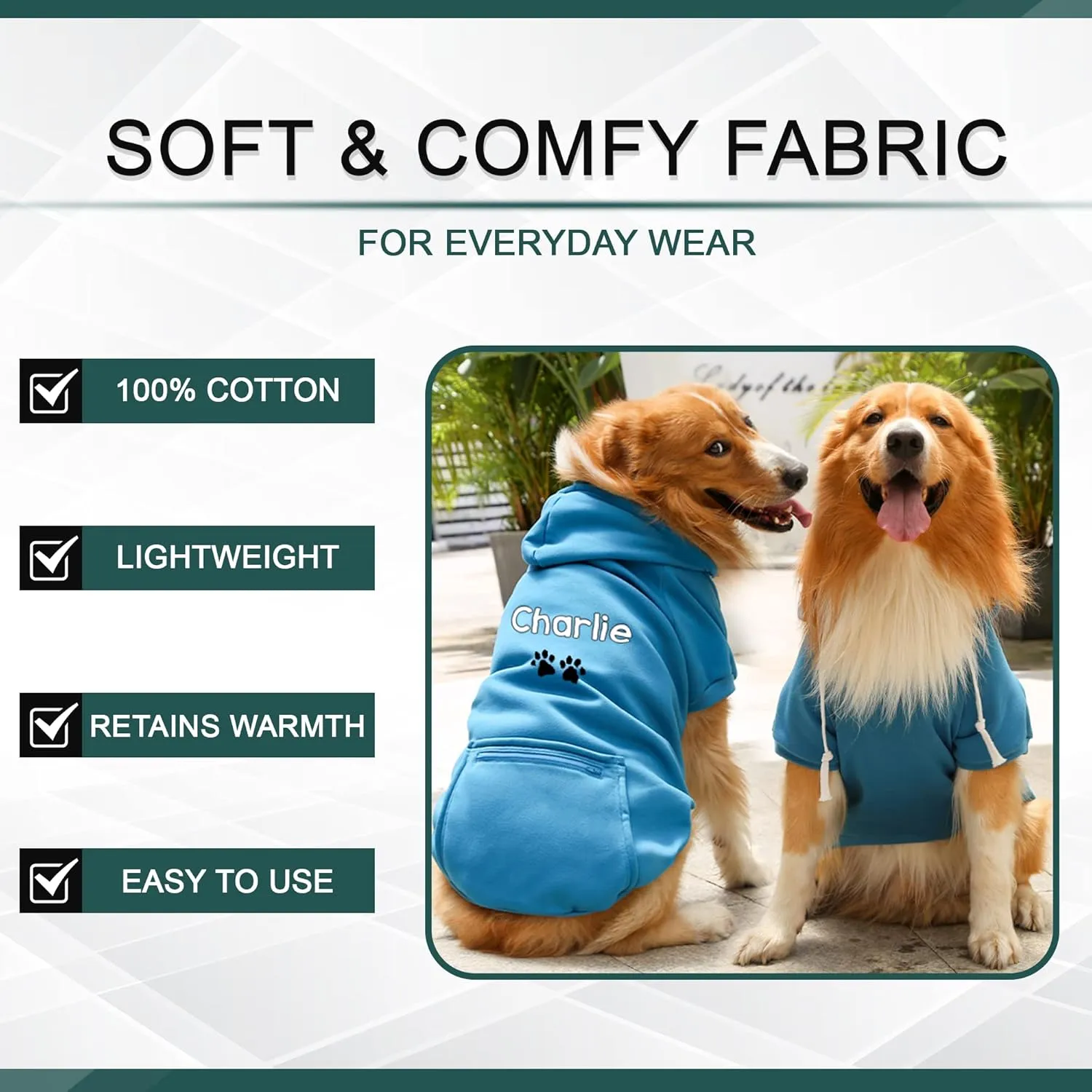 Personalized Passion Dog Hoodie with Embroidered Name and Paws - Stylish Custom Hooded Dog Sweatshirt - Blue Cotton Pet Hoodies Winter Pullover with Pockets - Small