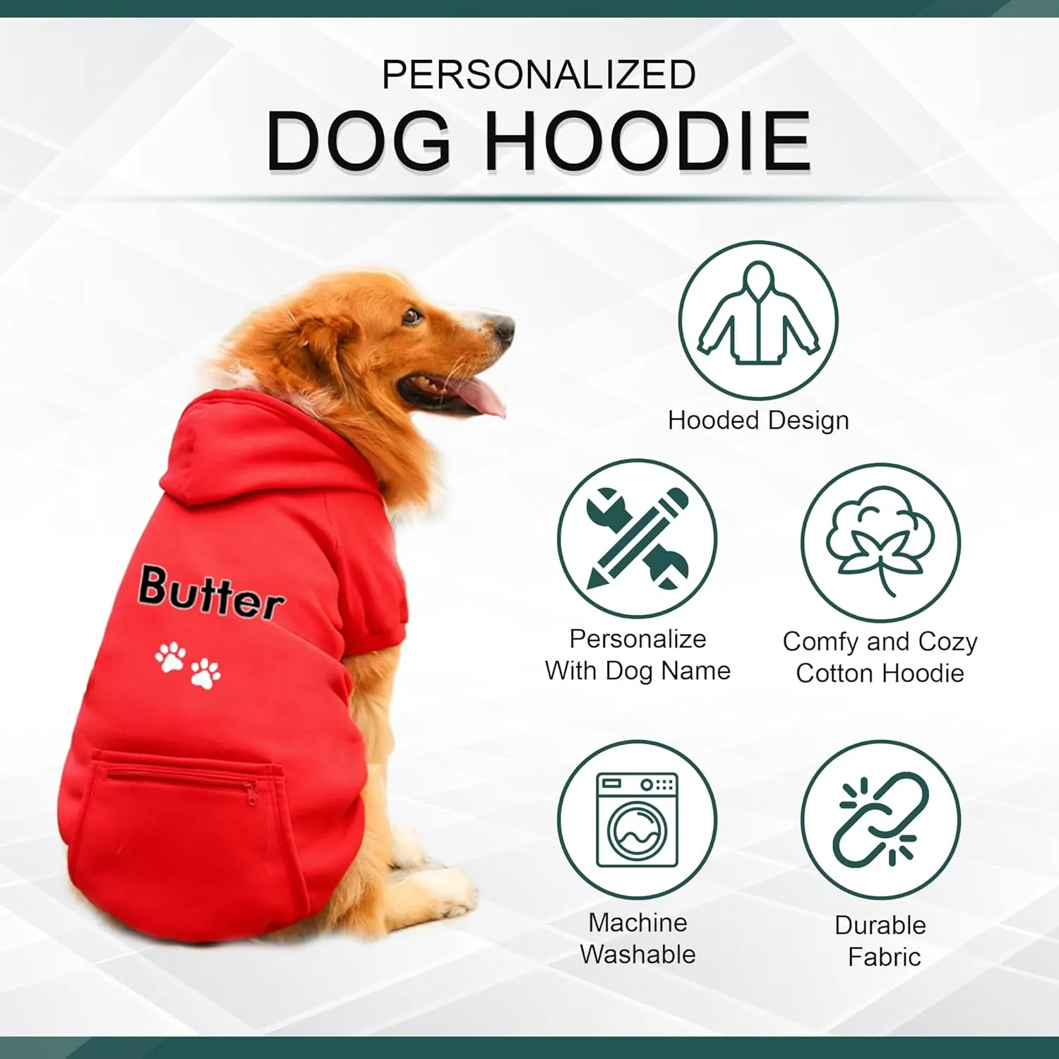 Personalized Passion Dog Hoodie with Embroidered Name and Paws - Stylish Custom Hooded Dog Sweatshirt - Red Cotton Pet Hoodies Winter Pullover with Pockets - Small