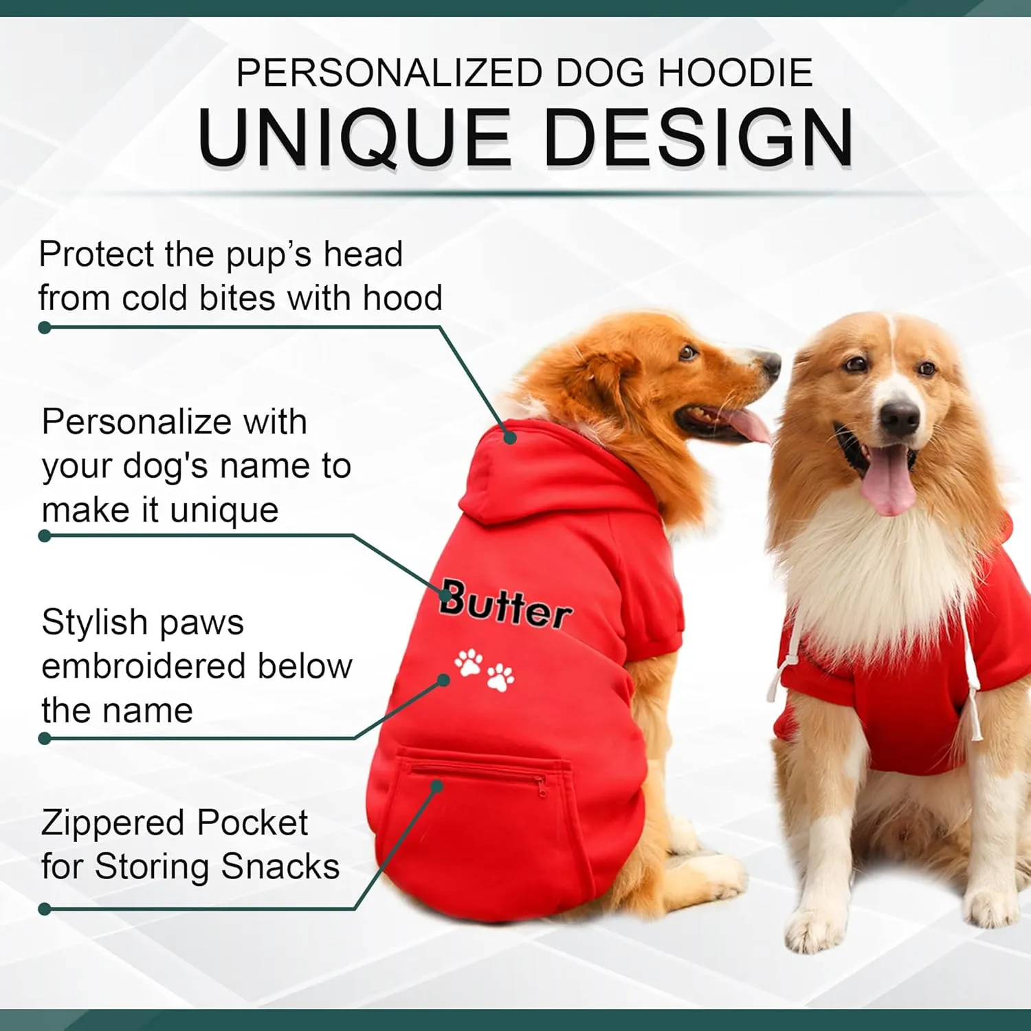 Personalized Passion Dog Hoodie with Embroidered Name and Paws - Stylish Custom Hooded Dog Sweatshirt - Red Cotton Pet Hoodies Winter Pullover with Pockets - Small