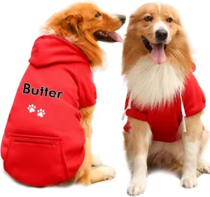 Personalized Passion Dog Hoodie with Embroidered Name and Paws - Stylish Custom Hooded Dog Sweatshirt - Red Cotton Pet Hoodies Winter Pullover with Pockets - Small