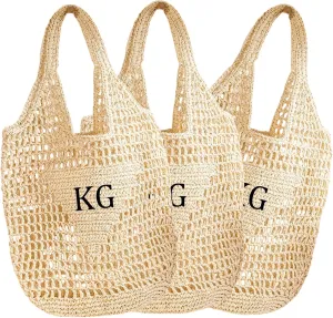 Personalized Straw Beach Bag – Large Handwoven Tote, Custom Name Summer Purse, Boho Shoulder Bag for Women, Travel Beach Tote, Bridesmaid & Bachelorette Gift
