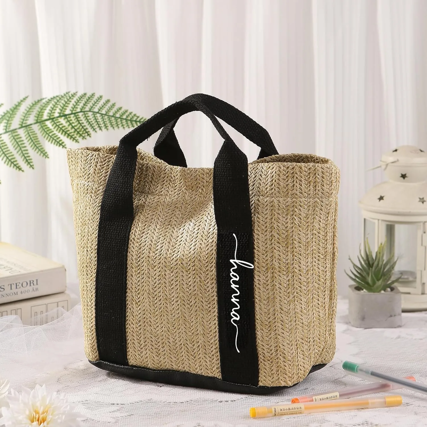 Personalized Straw Beach Tote Bag, Large Monogram Design with Flowers, Women Mother’s Day Gift