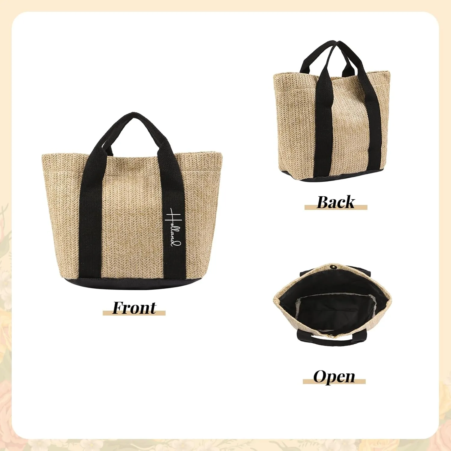 Personalized Straw Beach Tote Bag, Large Monogram Design with Flowers, Women Mother’s Day Gift