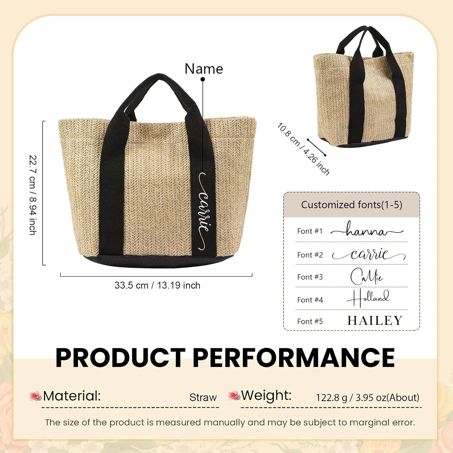 Personalized Straw Beach Tote Bag, Large Monogram Design with Flowers, Women Mother’s Day Gift