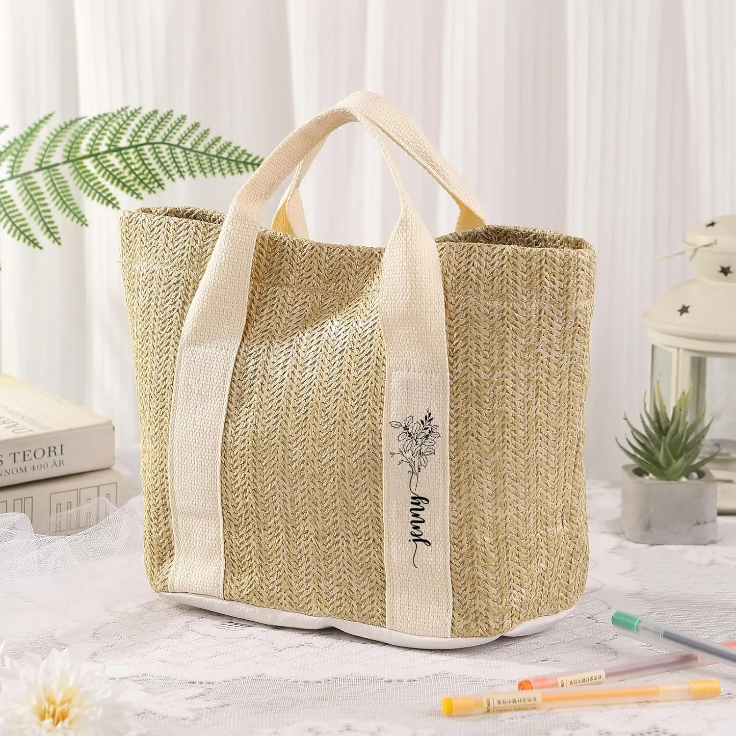 Personalized Straw Beach Tote Bag, Large Monogram Design with Flowers, Women Mother’s Day Gift