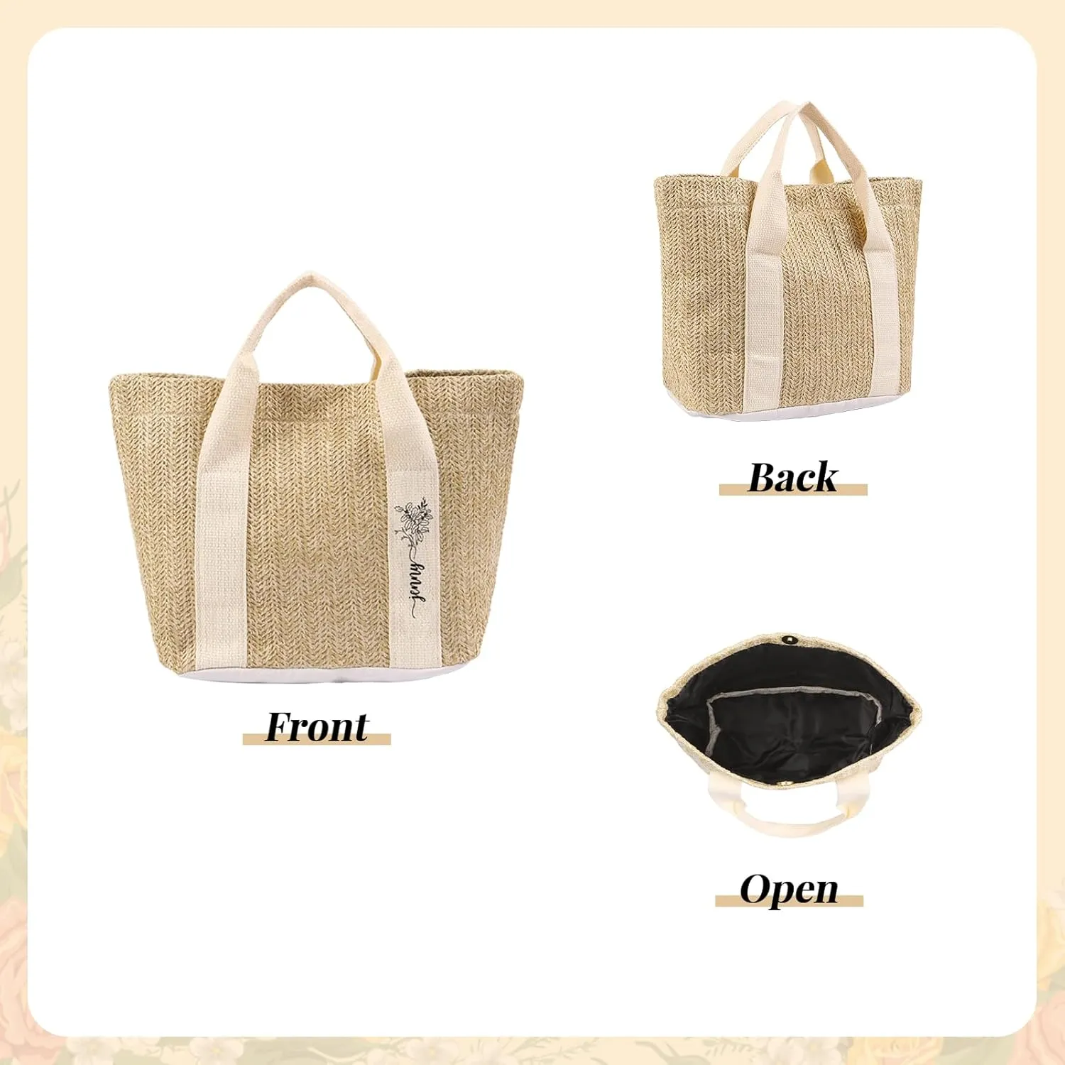 Personalized Straw Beach Tote Bag, Large Monogram Design with Flowers, Women Mother’s Day Gift