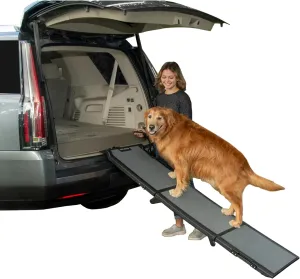 Pet Gear Tri-Fold Portable Pet Ramp for Dogs and Cats, 71" Long, Extra Wide, Holds up to 200lbs, Patented Design, Compact/Easy Fold with Safety Tether, Pewter