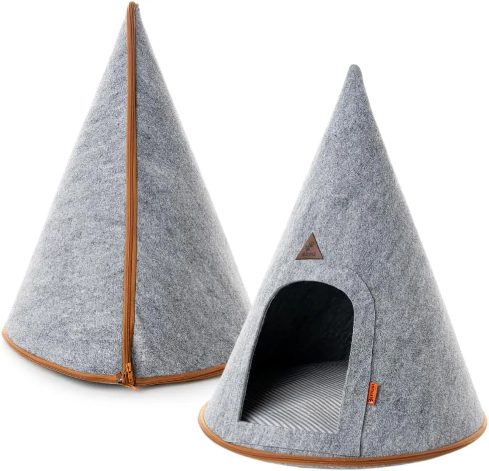 Pet Tent Cat Dog House Felt Cave Bed with Cushion&Bag Decorative Foldable Igloo Hut Teepee Small and Medium Suitable for Travel Warm in Winter Cool in Summer 16"x16"18" Grey (Gray, Small)