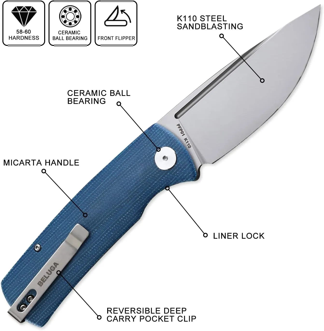 Petrified fish PFP01 k110 steel folding knife Micarta handle Front flipper outdoor Camping survival hunting EDC tool knives (Blue Micarta Sandblasting)