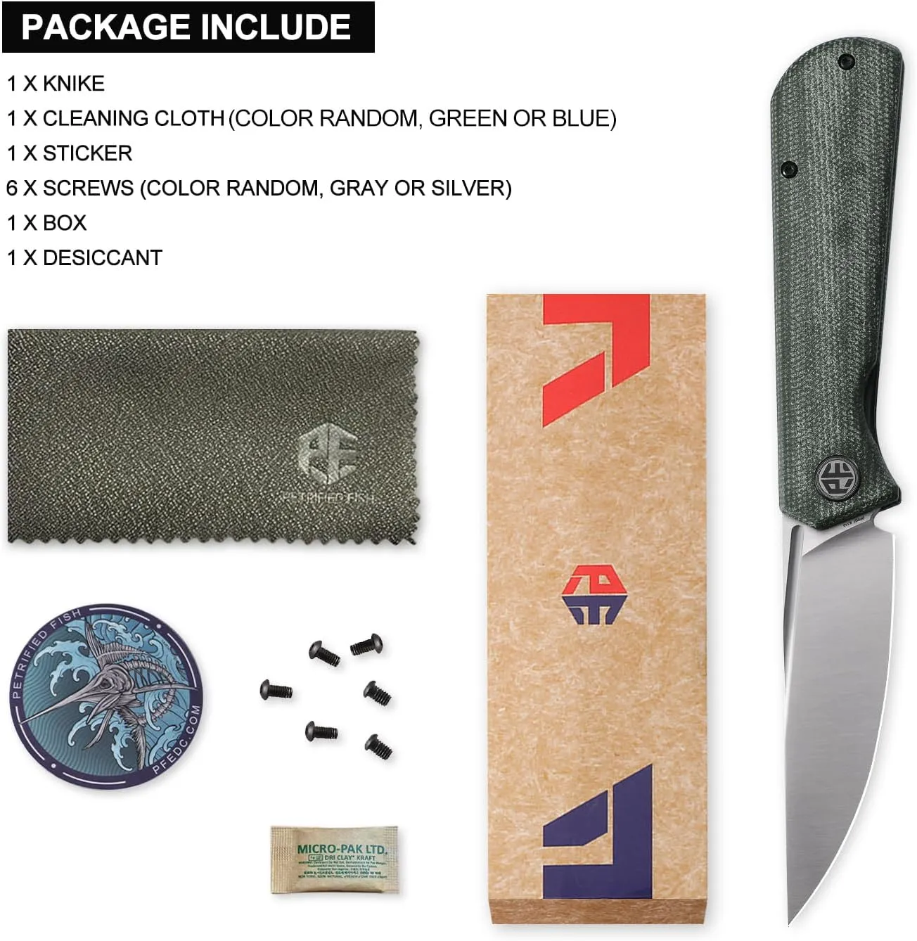 Petrified fish Pocket Knife PFP07 Viking, 3.62" K110 Satin Blade, 3.95oz Micarta Handle Front Flipper Liner lock Folding knife (Green Micarta & Satin)
