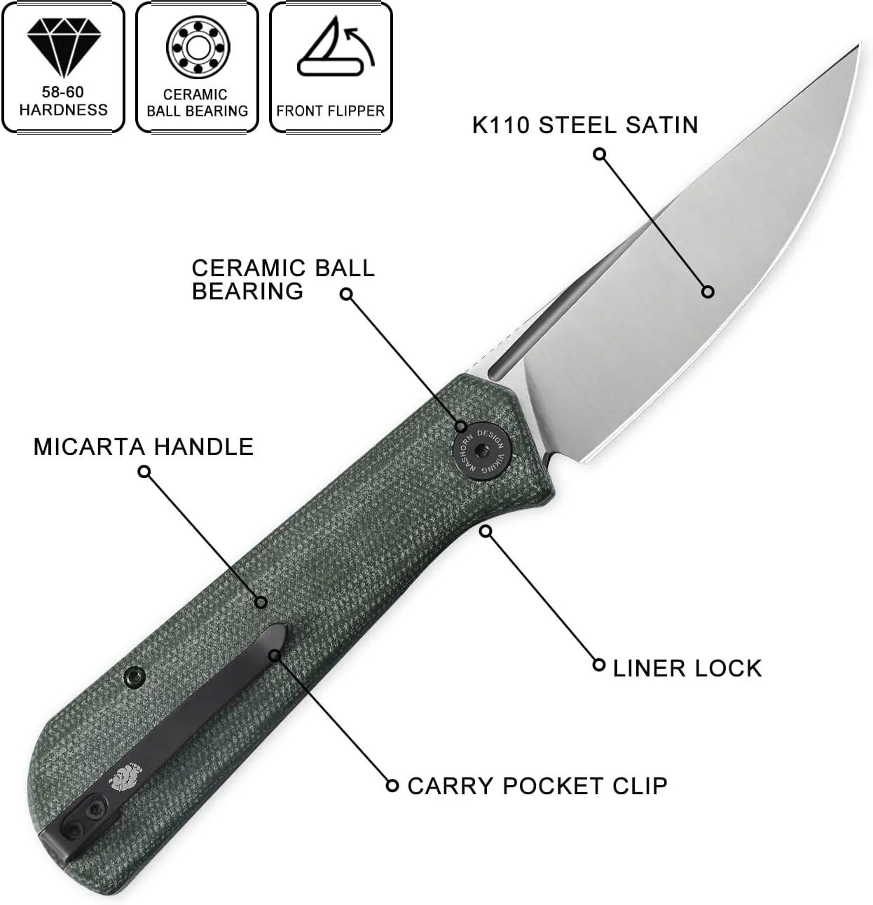 Petrified fish Pocket Knife PFP07 Viking, 3.62" K110 Satin Blade, 3.95oz Micarta Handle Front Flipper Liner lock Folding knife (Green Micarta & Satin)