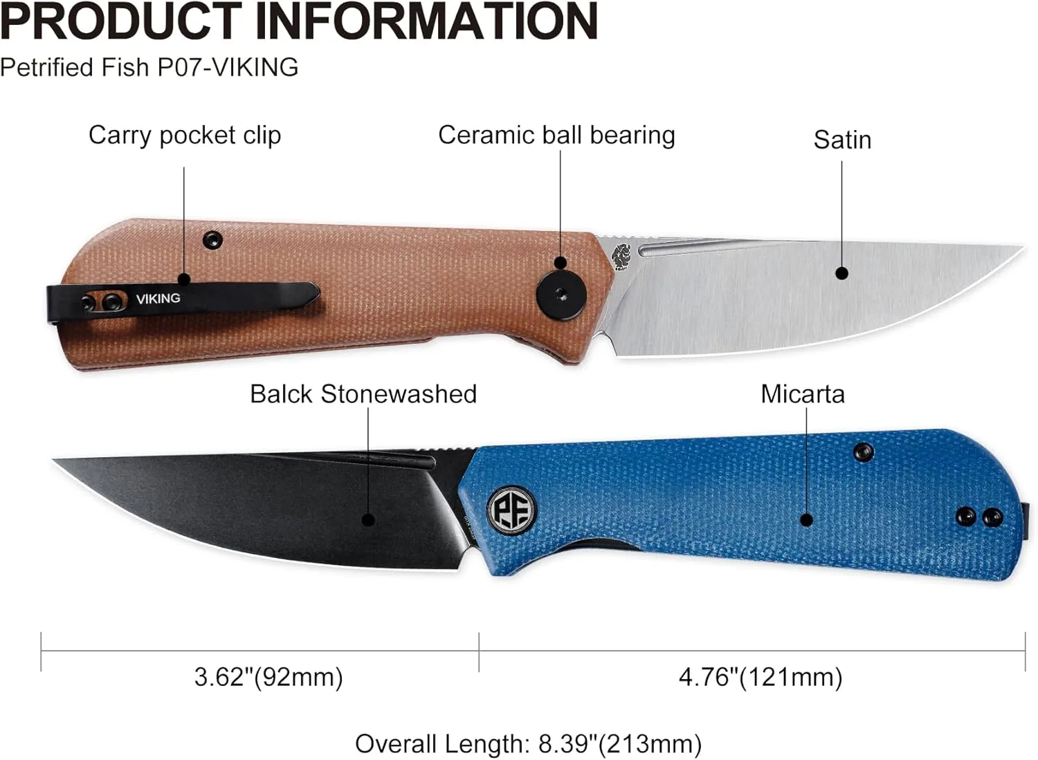 Petrified fish Pocket Knife PFP07 Viking, 3.62" K110 Satin Blade, 3.95oz Micarta Handle Front Flipper Liner lock Folding knife (Green Micarta & Satin)