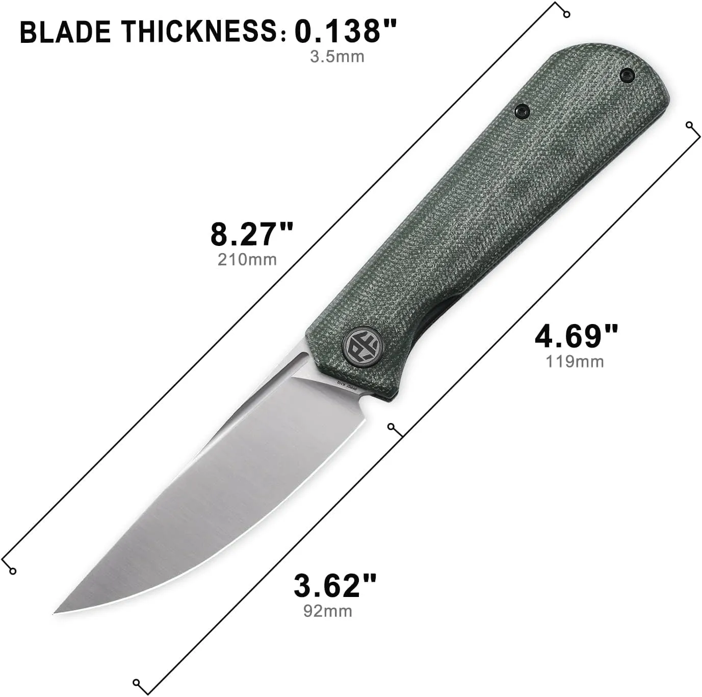 Petrified fish Pocket Knife PFP07 Viking, 3.62" K110 Satin Blade, 3.95oz Micarta Handle Front Flipper Liner lock Folding knife (Green Micarta & Satin)