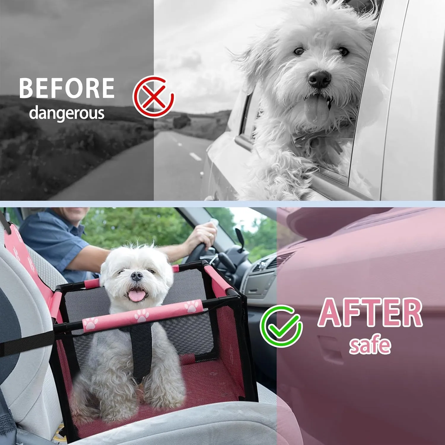 PetsHome Dog Car Seat Foldable Dog Car Booster Seat Waterproof Breathable Oxford Travel Bag for Small to Medium Dogs, Puppies, and Pets-Footprint Pink-Upgrade