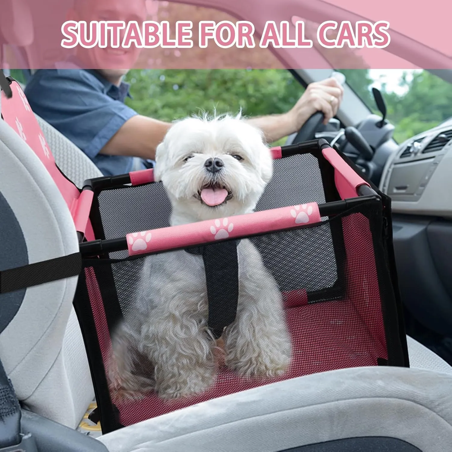 PetsHome Dog Car Seat Foldable Dog Car Booster Seat Waterproof Breathable Oxford Travel Bag for Small to Medium Dogs, Puppies, and Pets-Footprint Pink-Upgrade