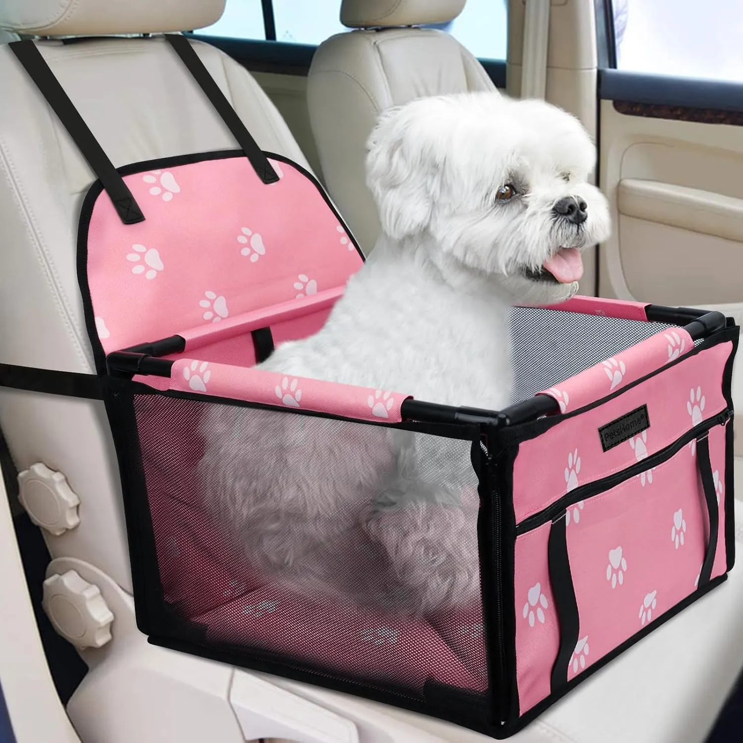 PetsHome Dog Car Seat Foldable Dog Car Booster Seat Waterproof Breathable Oxford Travel Bag for Small to Medium Dogs, Puppies, and Pets-Footprint Pink-Upgrade