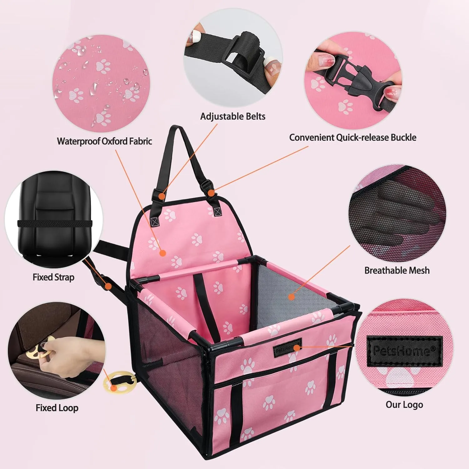 PetsHome Dog Car Seat Foldable Dog Car Booster Seat Waterproof Breathable Oxford Travel Bag for Small to Medium Dogs, Puppies, and Pets-Footprint Pink-Upgrade