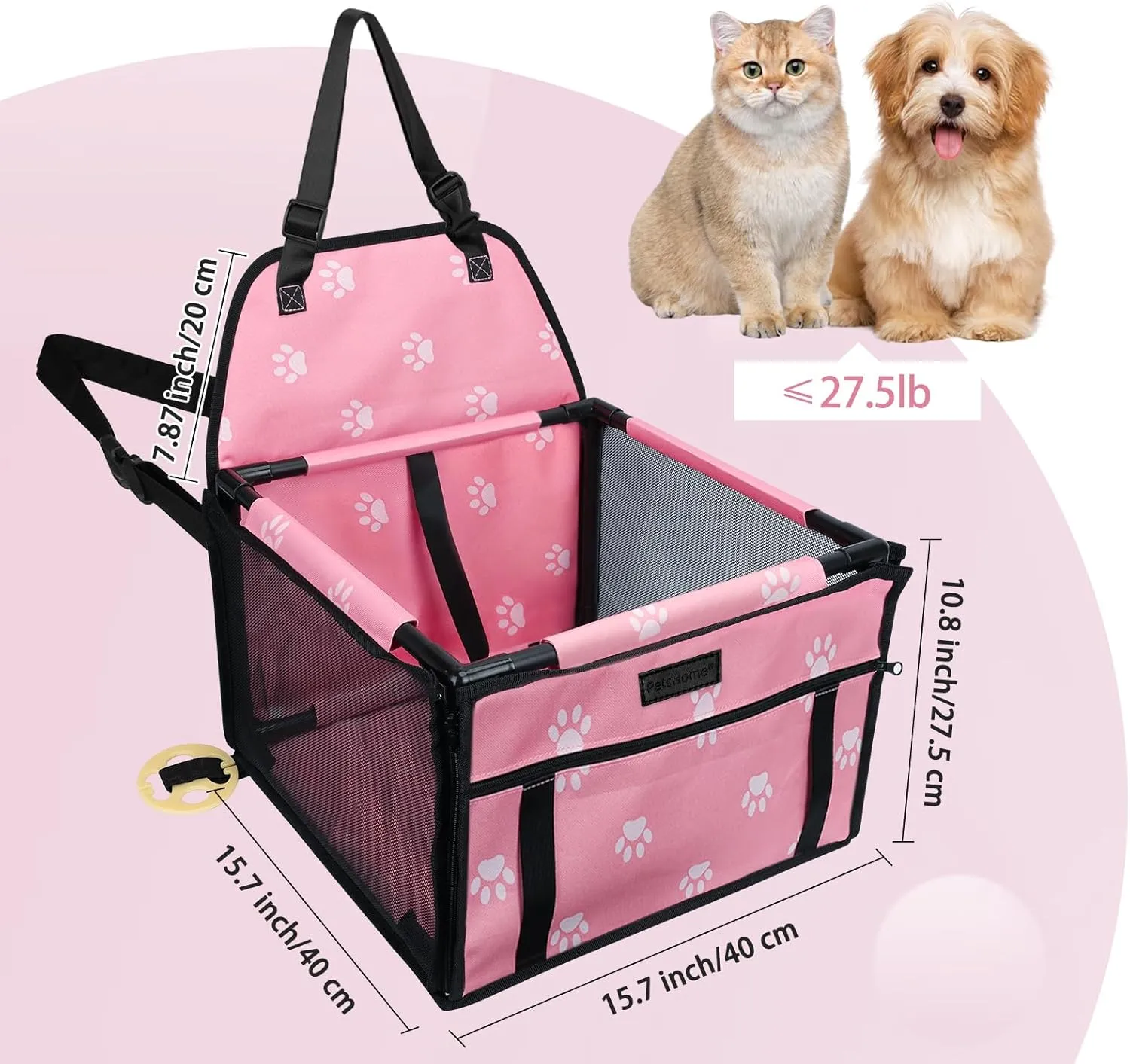 PetsHome Dog Car Seat Foldable Dog Car Booster Seat Waterproof Breathable Oxford Travel Bag for Small to Medium Dogs, Puppies, and Pets-Footprint Pink-Upgrade
