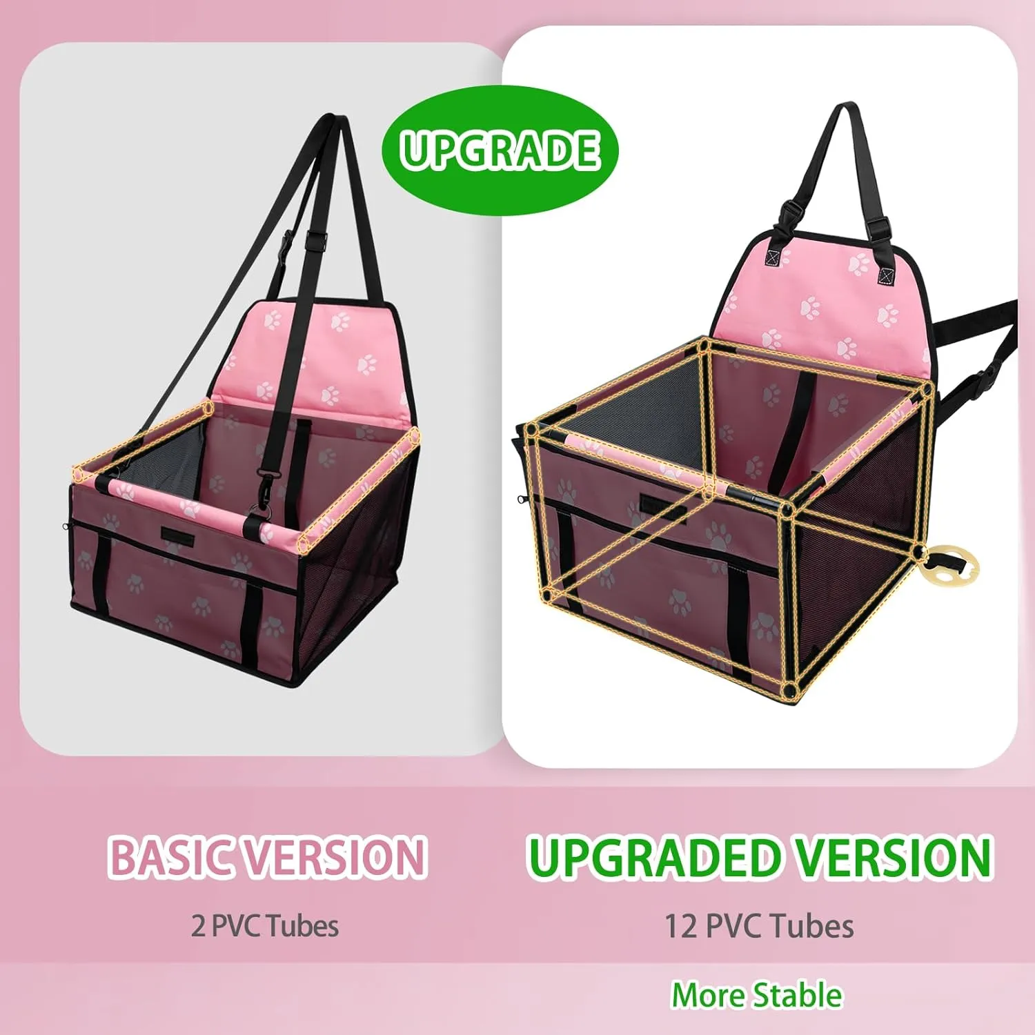 PetsHome Dog Car Seat Foldable Dog Car Booster Seat Waterproof Breathable Oxford Travel Bag for Small to Medium Dogs, Puppies, and Pets-Footprint Pink-Upgrade