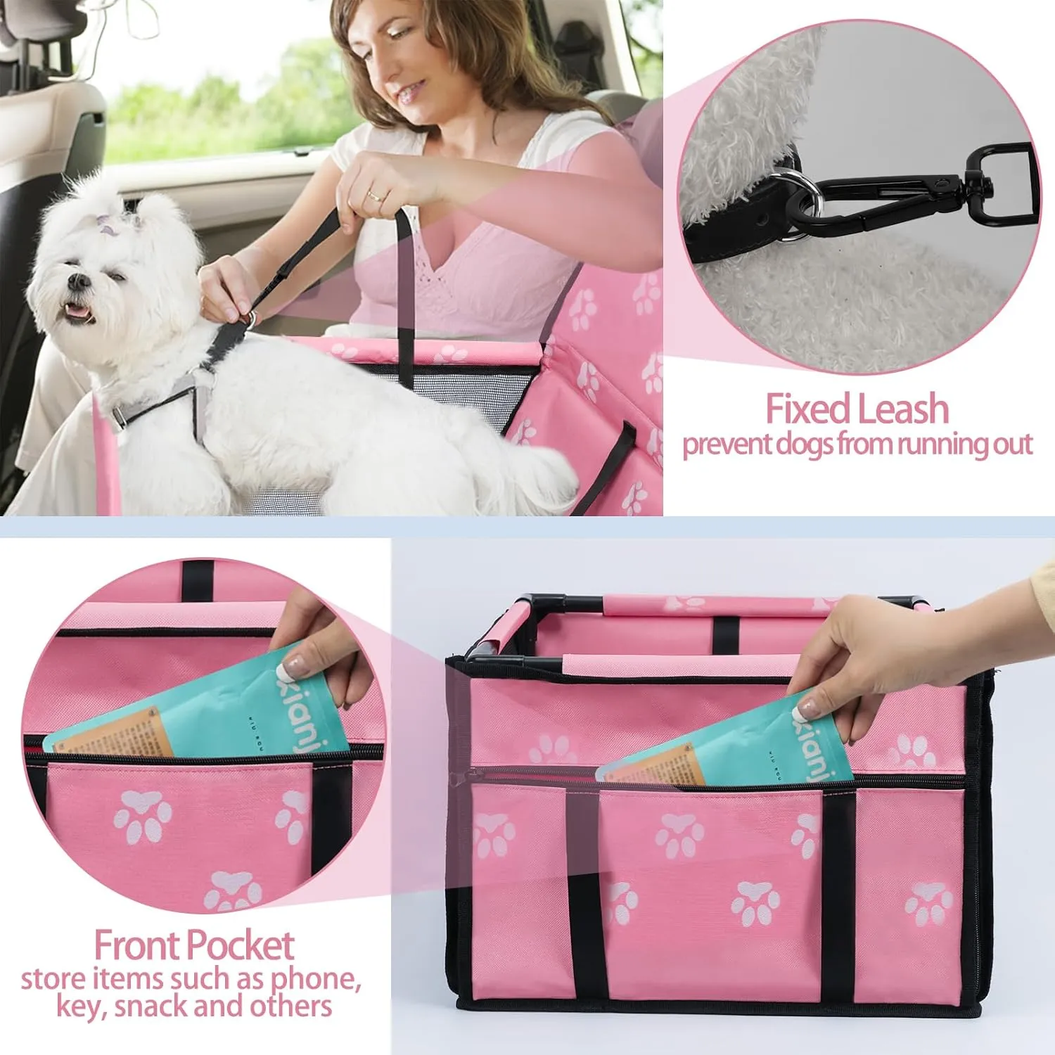 PetsHome Dog Car Seat Foldable Dog Car Booster Seat Waterproof Breathable Oxford Travel Bag for Small to Medium Dogs, Puppies, and Pets-Footprint Pink-Upgrade