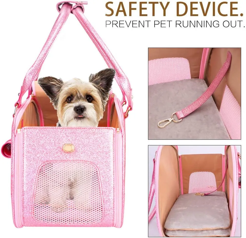PetsHome Dog Carrier Purse, Pet Carrier, Cat Carrier, Bling Waterproof Premium Leather Pet Travel Portable Bag Carrier for Cat and Small Dog Home & Outdoor Small Bling Pink
