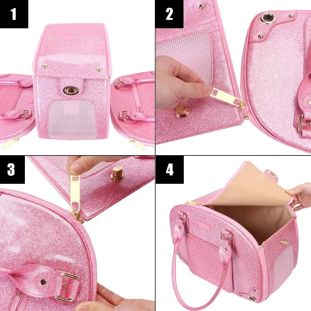 PetsHome Dog Carrier Purse, Pet Carrier, Cat Carrier, Bling Waterproof Premium Leather Pet Travel Portable Bag Carrier for Cat and Small Dog Home & Outdoor Small Bling Pink