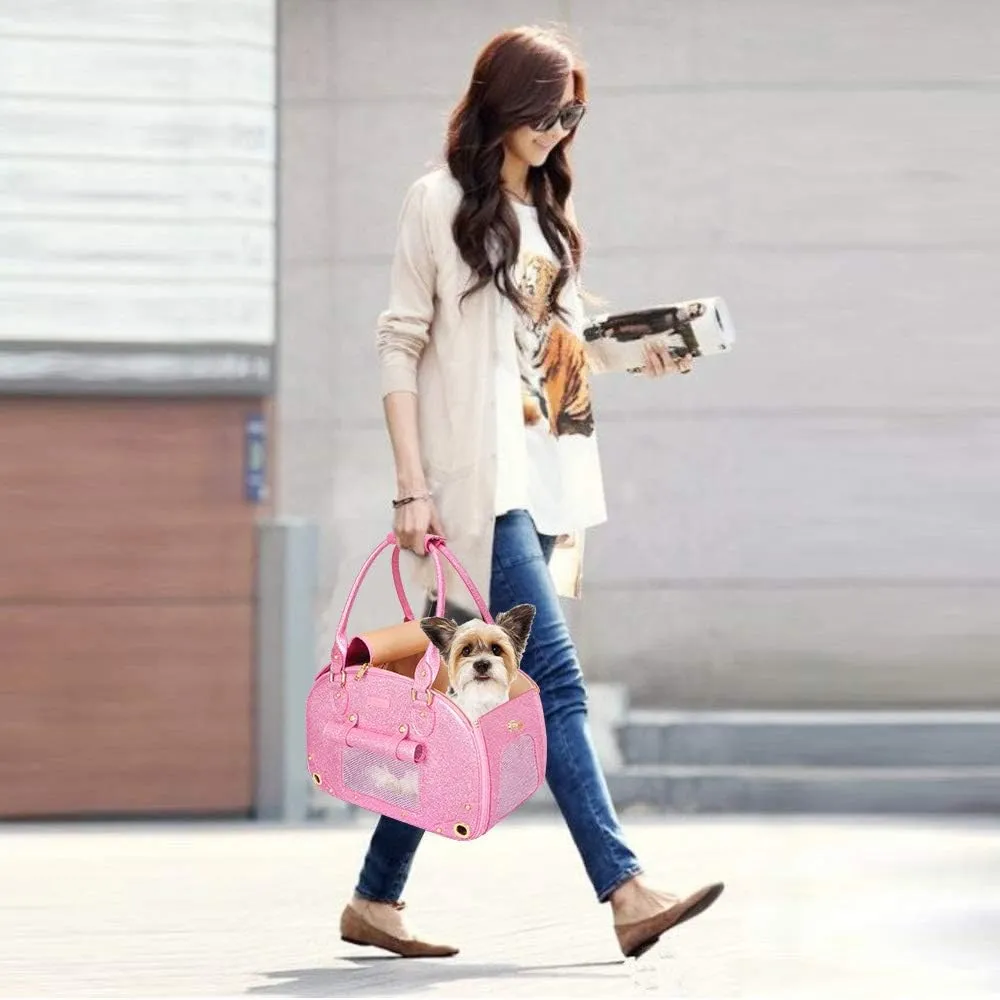 PetsHome Dog Carrier Purse, Pet Carrier, Cat Carrier, Bling Waterproof Premium Leather Pet Travel Portable Bag Carrier for Cat and Small Dog Home & Outdoor Small Bling Pink