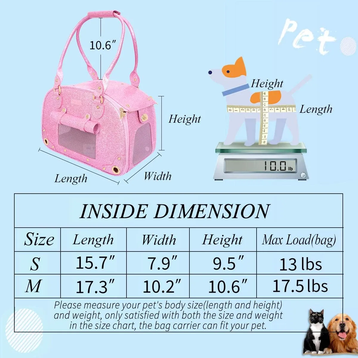 PetsHome Dog Carrier Purse, Pet Carrier, Cat Carrier, Bling Waterproof Premium Leather Pet Travel Portable Bag Carrier for Cat and Small Dog Home & Outdoor Small Bling Pink