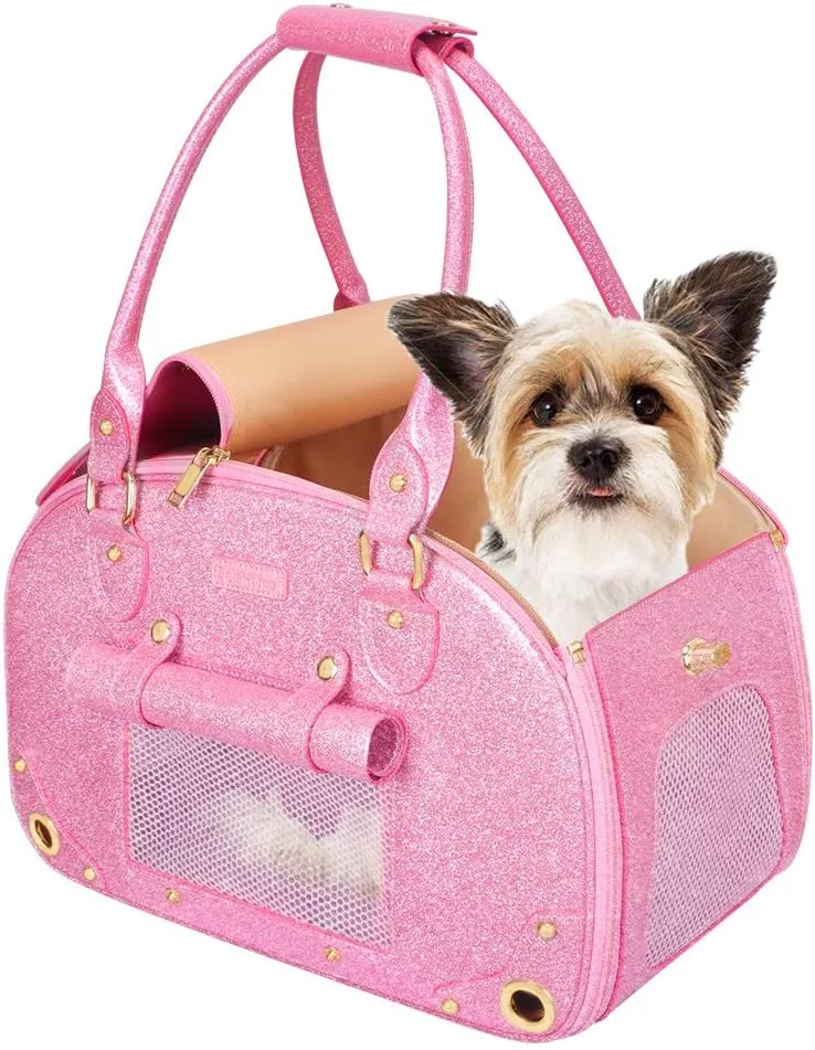 PetsHome Dog Carrier Purse, Pet Carrier, Cat Carrier, Bling Waterproof Premium Leather Pet Travel Portable Bag Carrier for Cat and Small Dog Home & Outdoor Small Bling Pink