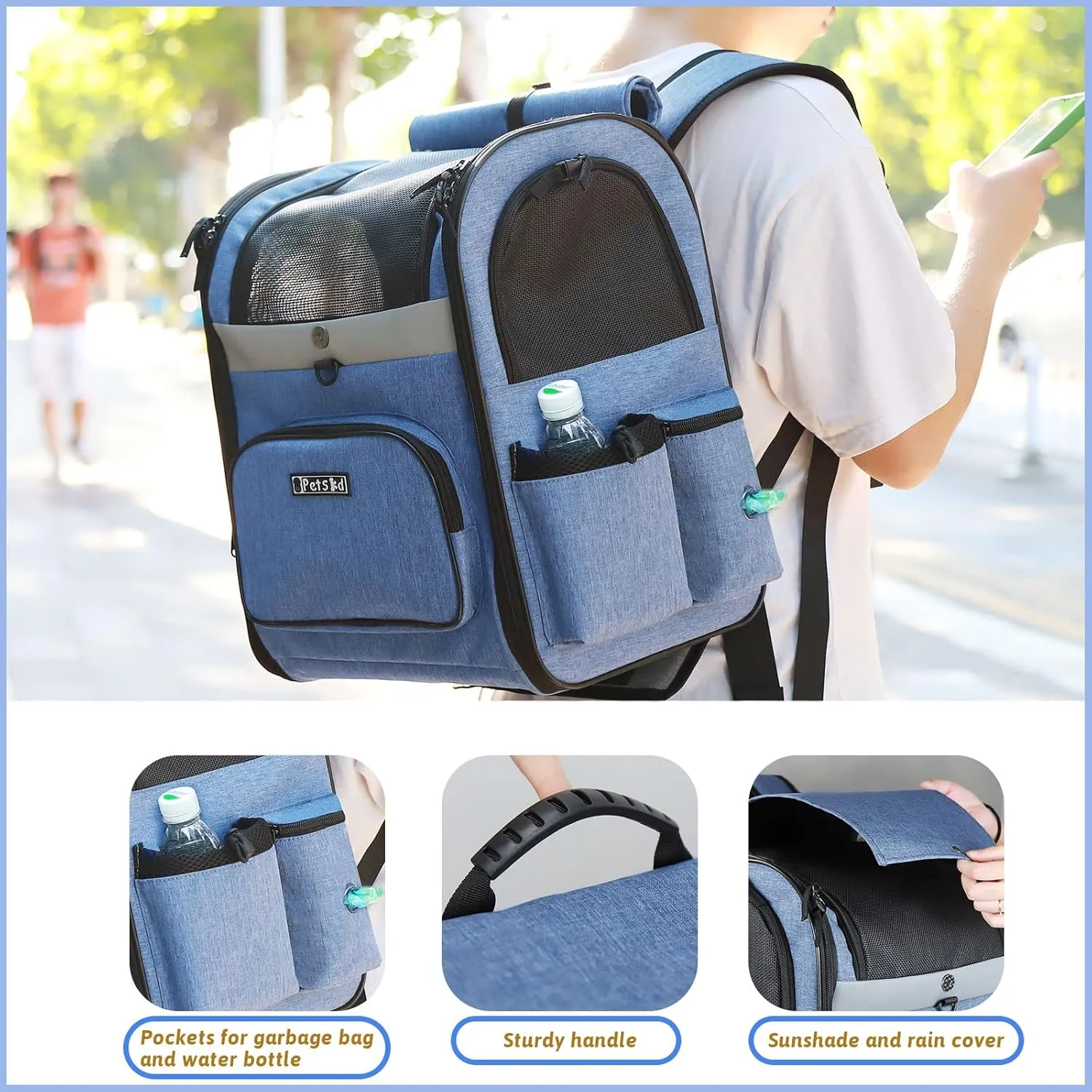 Petskd Pet Carrier Backpack 13 x 11x 16.5 for Small Medium Dogs and Cats Under 15LBS, Large Space Foldable Backpack with Safety Lock Zipper and Breathable Mesh for Travel Hiking Camping(Blue)