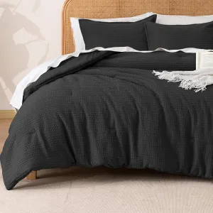 PHF Soft Waffle Comforter Set Queen Size- Comfy Breathable Waffle Weave Comforter with 2 Pillow Shams, 3 Pieces No Snagging Lightweight Bedding Set for All Season, Black