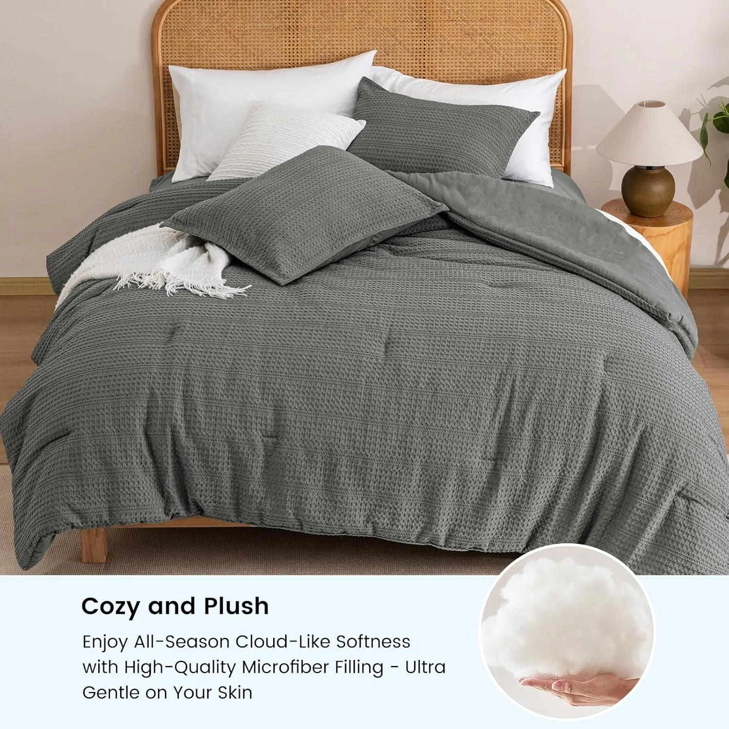 PHF Soft Waffle Comforter Set Queen Size-Comfy Breathable Waffle Weave Comforter with 2 Pillow Shams, 3 Pieces No Snagging Lightweight Bedding Set for All Season, Grey
