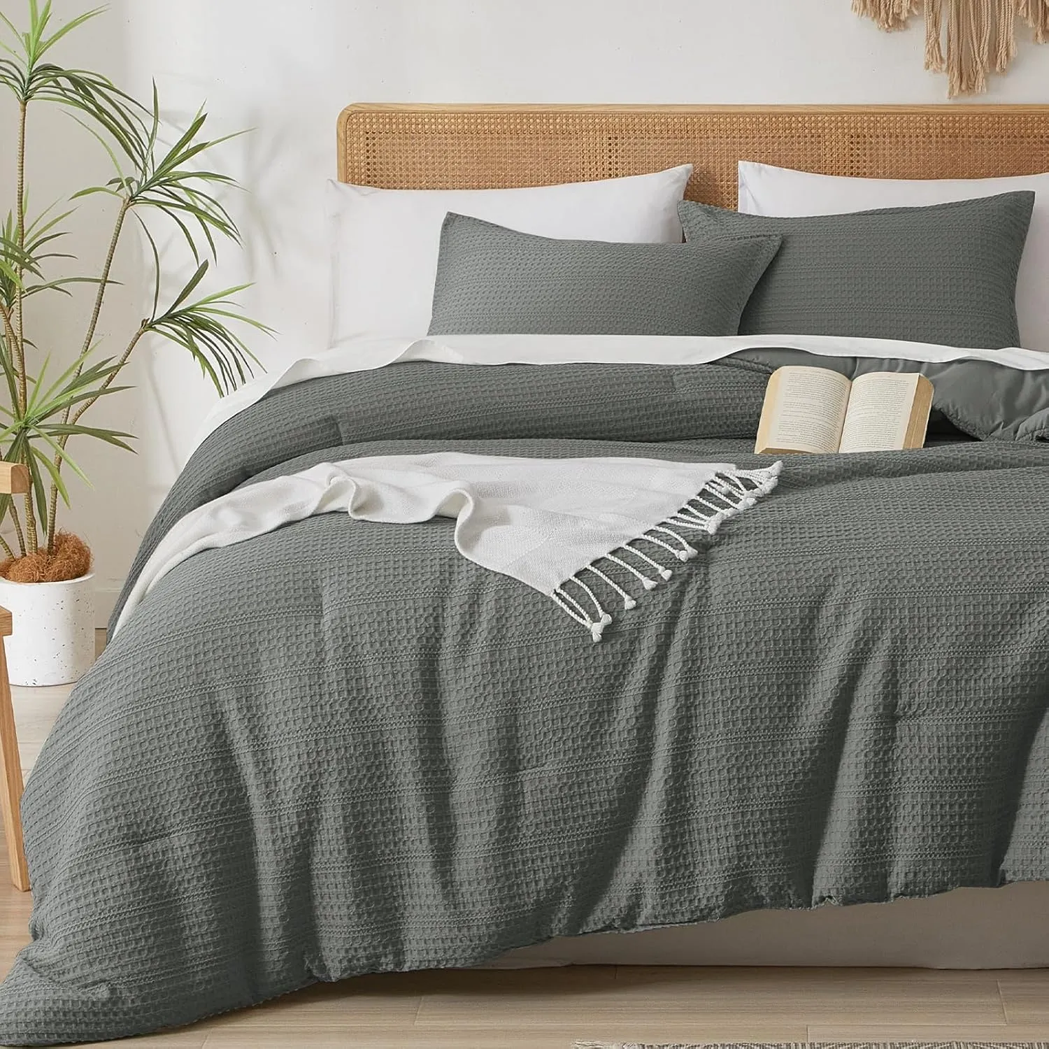 PHF Soft Waffle Comforter Set Queen Size-Comfy Breathable Waffle Weave Comforter with 2 Pillow Shams, 3 Pieces No Snagging Lightweight Bedding Set for All Season, Grey
