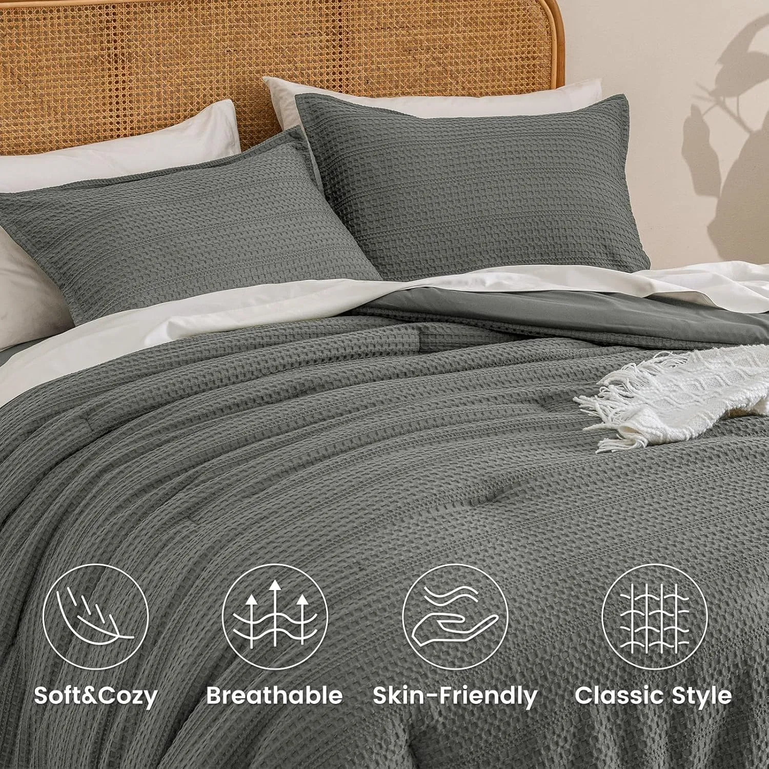PHF Soft Waffle Comforter Set Queen Size-Comfy Breathable Waffle Weave Comforter with 2 Pillow Shams, 3 Pieces No Snagging Lightweight Bedding Set for All Season, Grey