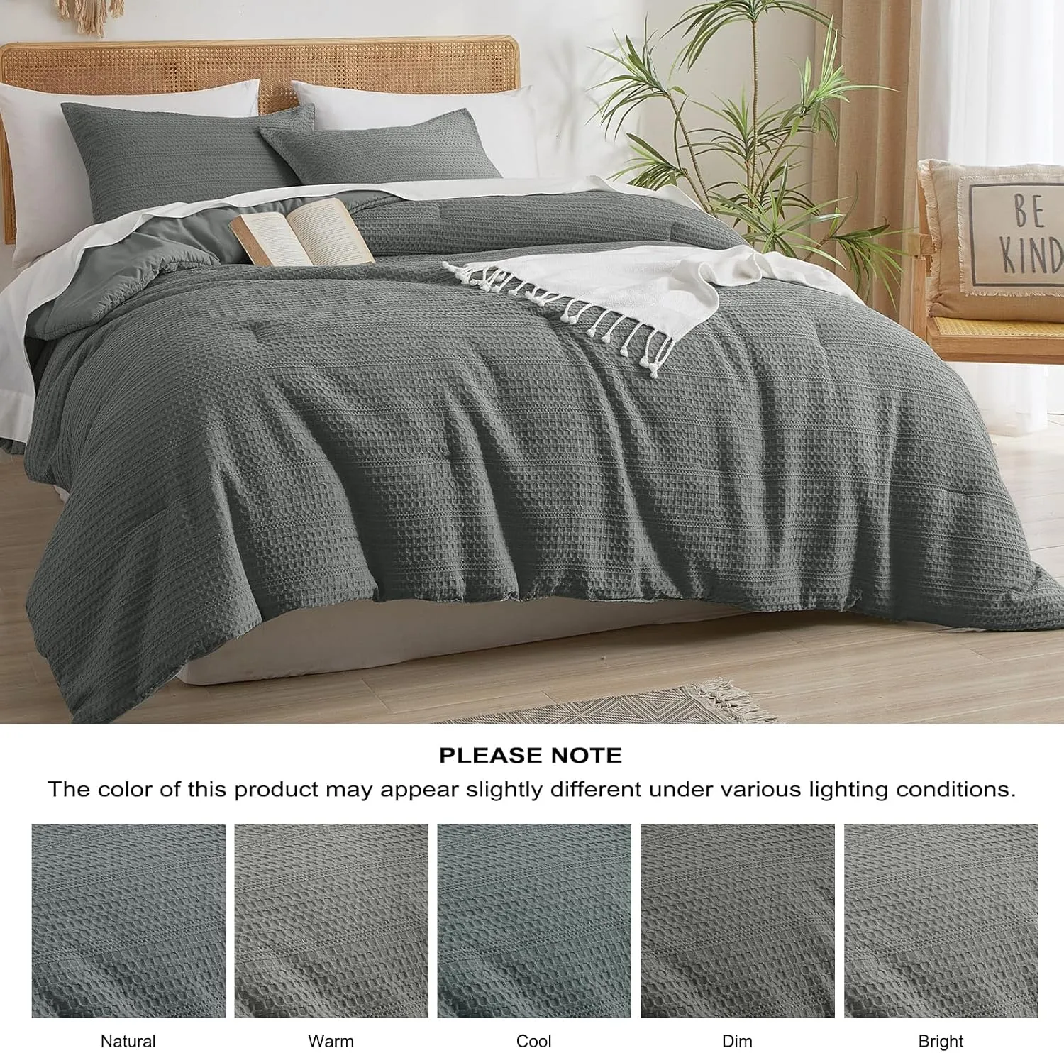 PHF Soft Waffle Comforter Set Queen Size-Comfy Breathable Waffle Weave Comforter with 2 Pillow Shams, 3 Pieces No Snagging Lightweight Bedding Set for All Season, Grey