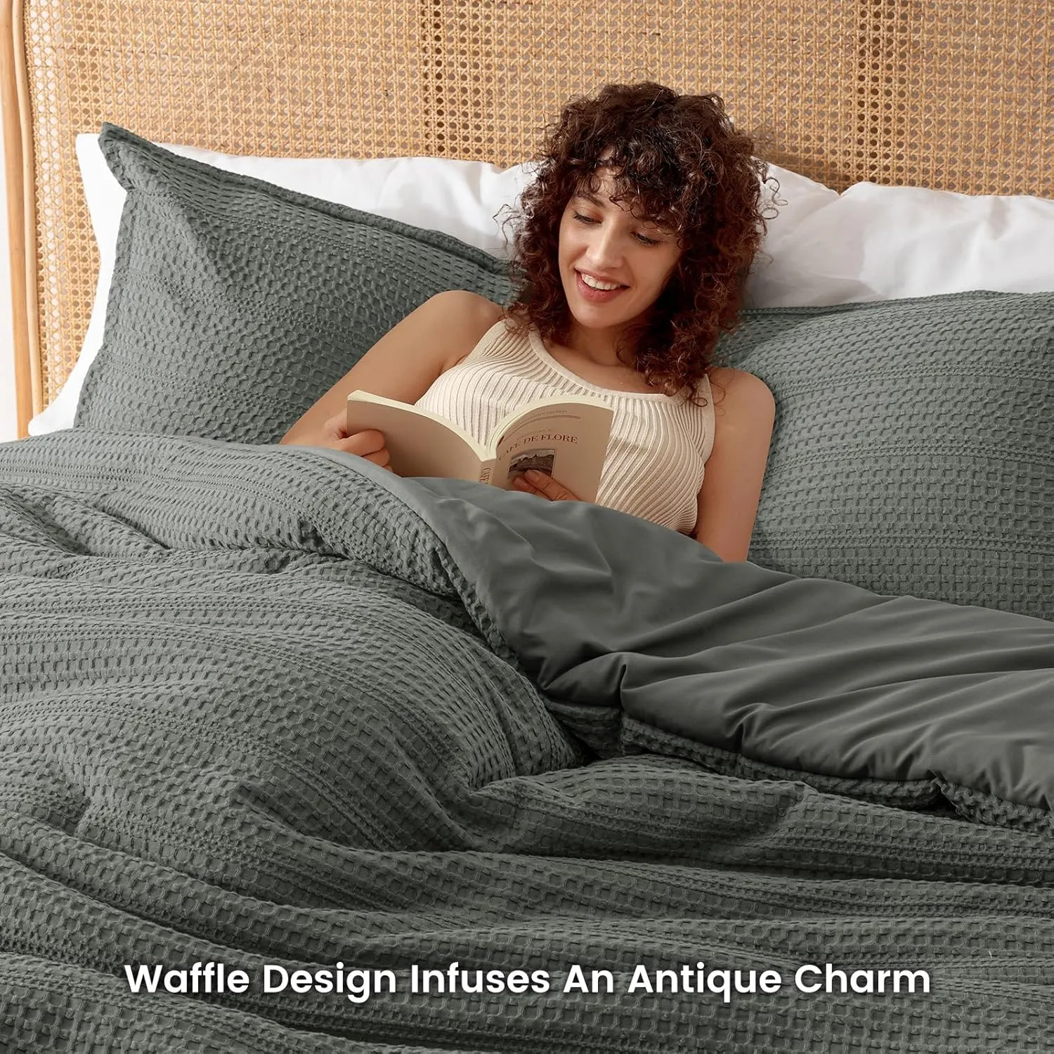 PHF Soft Waffle Comforter Set Queen Size-Comfy Breathable Waffle Weave Comforter with 2 Pillow Shams, 3 Pieces No Snagging Lightweight Bedding Set for All Season, Grey