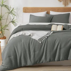 PHF Soft Waffle Comforter Set Queen Size-Comfy Breathable Waffle Weave Comforter with 2 Pillow Shams, 3 Pieces No Snagging Lightweight Bedding Set for All Season, Grey