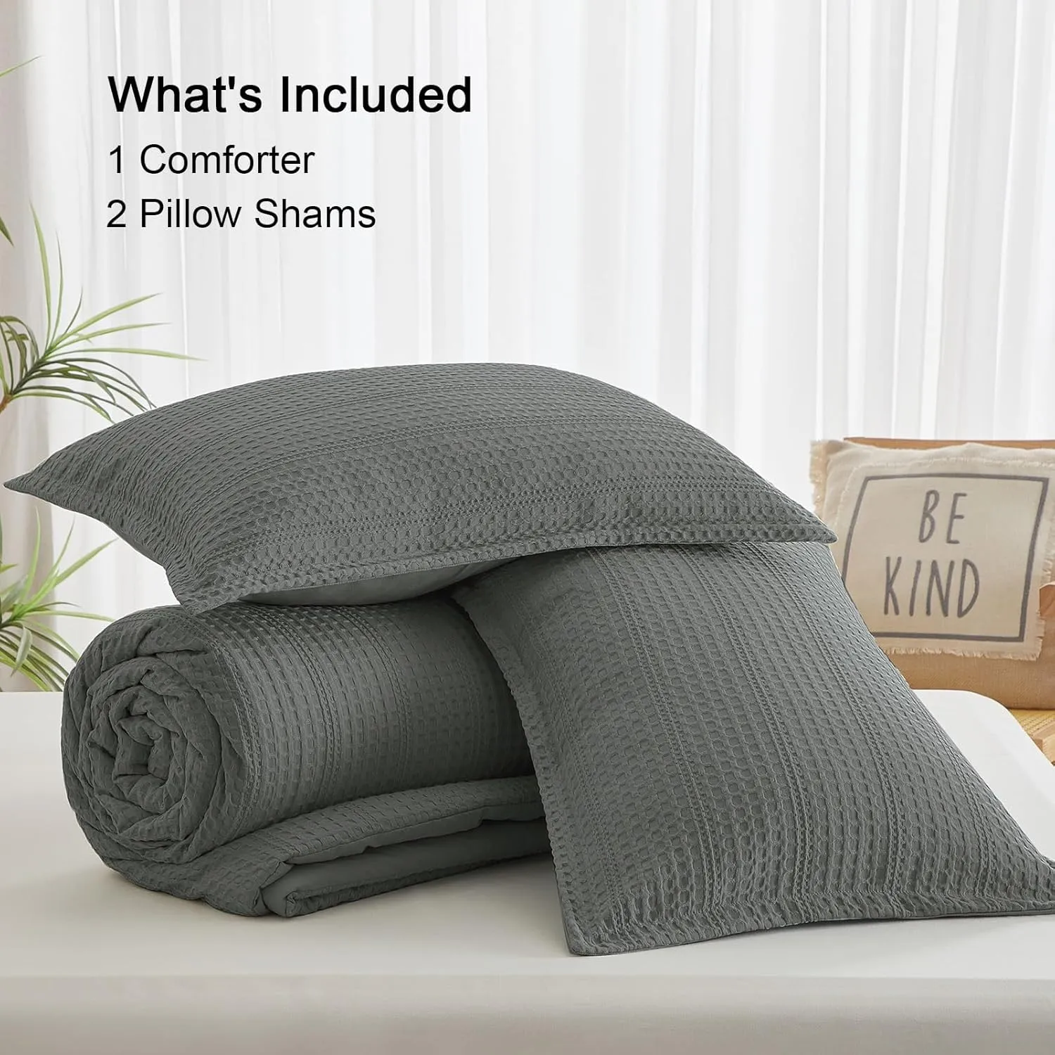 PHF Soft Waffle Comforter Set Queen Size-Comfy Breathable Waffle Weave Comforter with 2 Pillow Shams, 3 Pieces No Snagging Lightweight Bedding Set for All Season, Grey