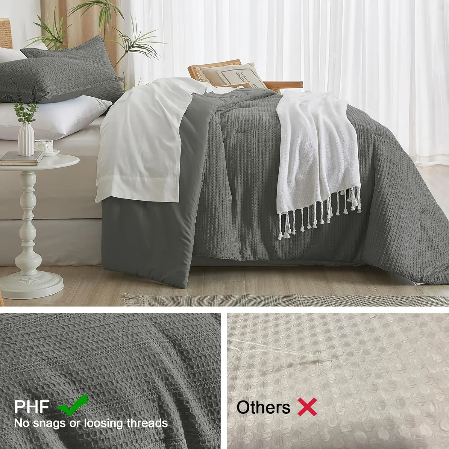 PHF Soft Waffle Comforter Set Queen Size-Comfy Breathable Waffle Weave Comforter with 2 Pillow Shams, 3 Pieces No Snagging Lightweight Bedding Set for All Season, Grey