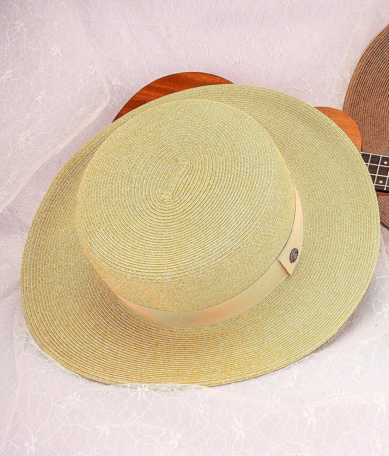 Pineapple&Star Deor Boater Straw Sun Hat Beach Fine Braid UPF50  for Women Men
