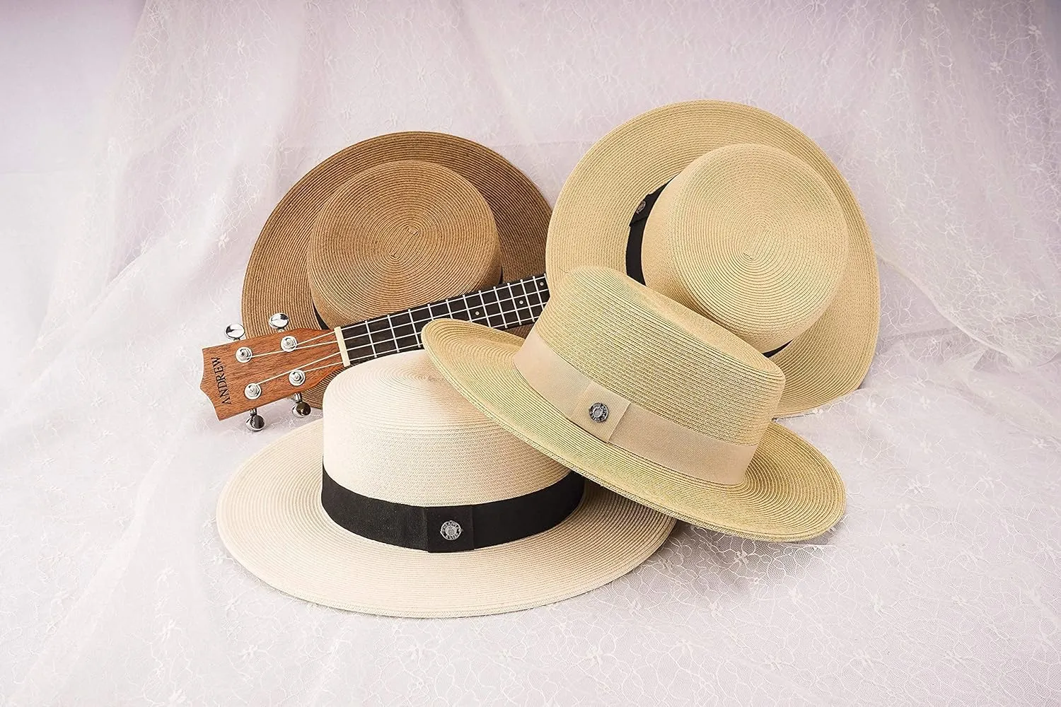 Pineapple&Star Deor Boater Straw Sun Hat Beach Fine Braid UPF50  for Women Men